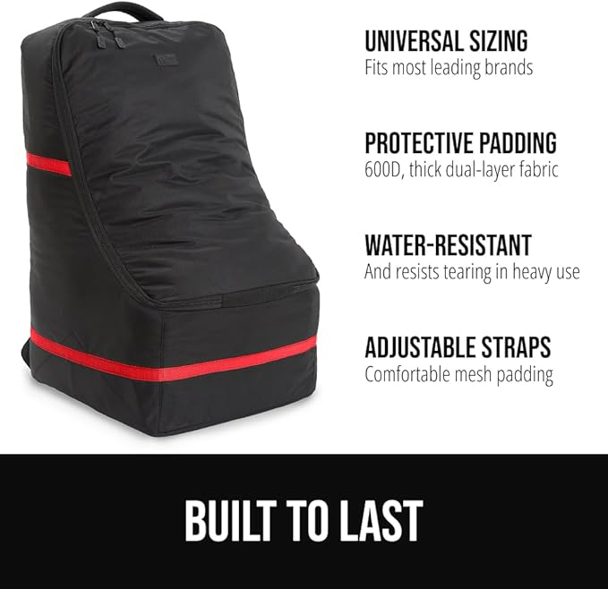GORILLA GRIP Tear and Water Resistant Padded Car Seat Travel Bag for Airplane and Airport, Universal Fit Baby Carseat Bags, Holds Up to 50lbs, Handle & Shoulder Straps, Air Gate Check Carrier, Red