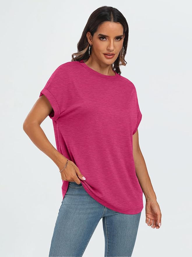AUTOMET Women's Oversized Short Sleeve T Shirts Casual Drop Shoulder Rolled Cuff Summer Tops for Work, Travel and Lounge