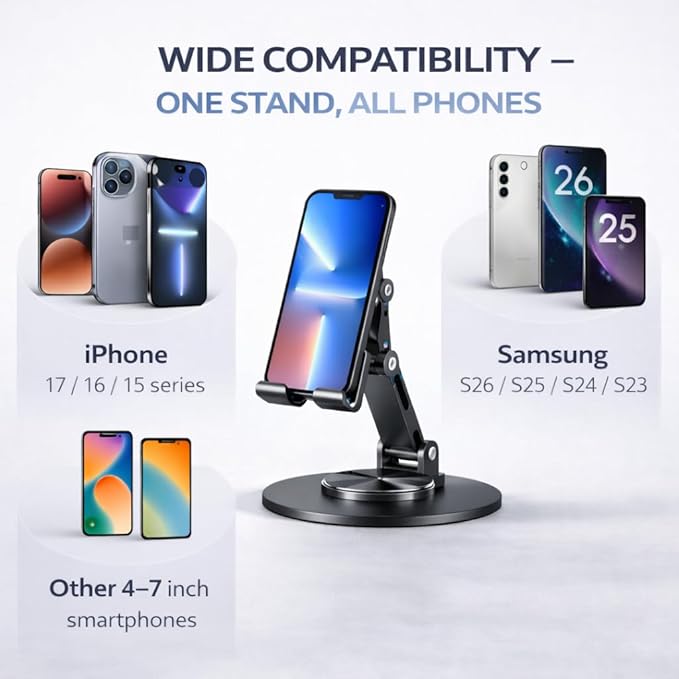 Mizi Universal Metal Phone Stand - 360°/720° Adjustable Rotation Desk Holder, Foldable & Stable with Non-Slip Weighted Base, Compatible with iPhone 17/16/15/14/13/12 Pro Max & All Smartphones - Grey