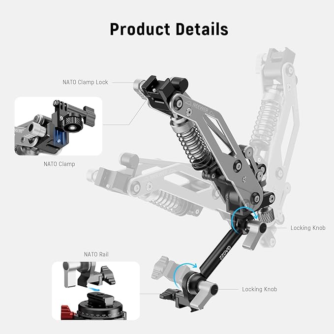 NEEWER Vacuum Suction Cup Car Mount for Action Camera with Hydraulic Boom Arm, NATO Rail, Compatible with DJI Osmo Pocket 3 Insts360 X5 X4 X3 Hero Adapter Holder, 18oz/500g Max Load, GA022