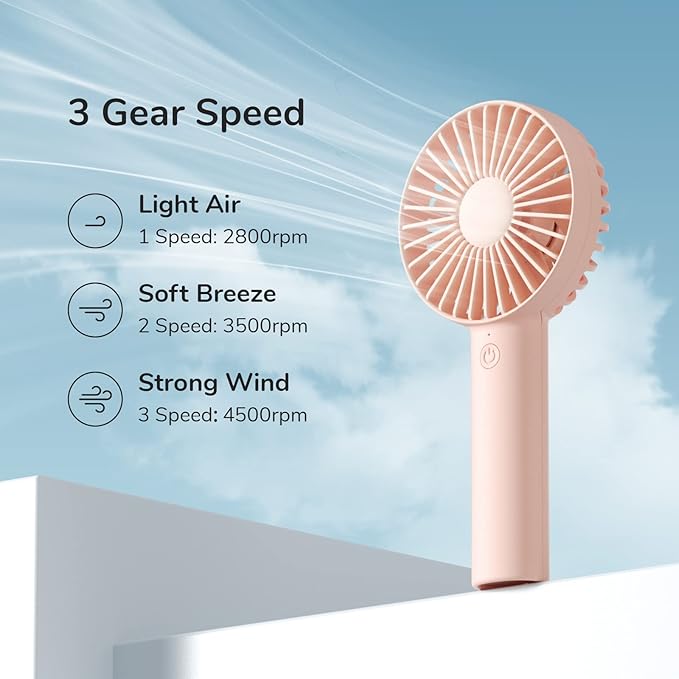 JISULIFE Handheld Mini Fan, Portable and Small with 3 Speeds, USB Rechargeable Battery Operate for Outdoor, Indoor, Makeup, Commute, Office, Travel, Concerts, Gifts for Women Men- Pink