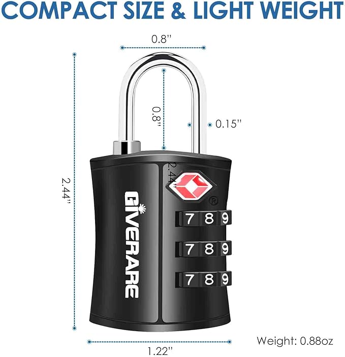 4 Pack TSA Approved Travel Luggage Locks, Combination Lock Keyless, 3-Digit Padlocks, Travel Sentry Accepted Compatible Padlock for Gym Locker, Golf Bag Case, Backpack, Black-by GIVERARE