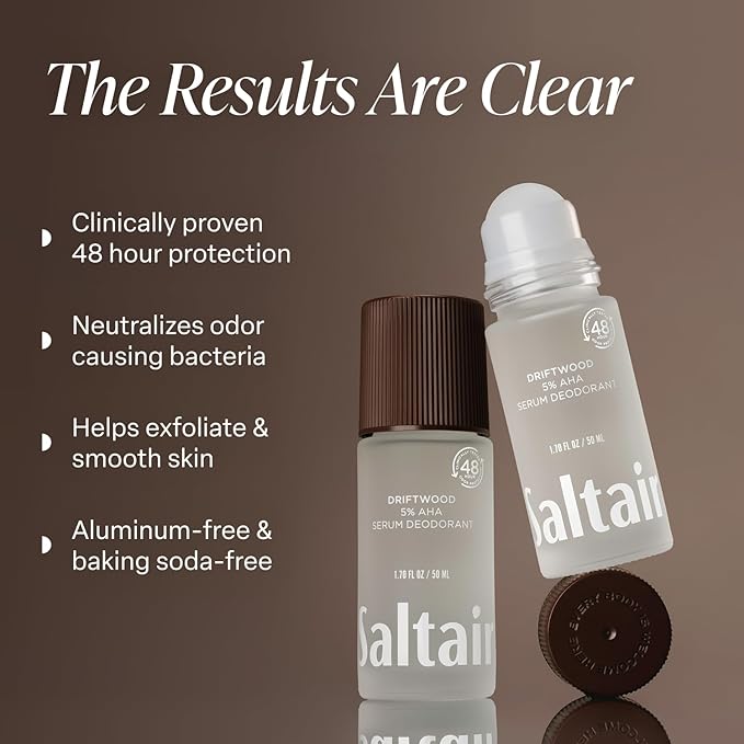Saltair Serum Deodorant 2 Pack – 5% AHA – Aluminum-Free Odor Control for Women & Men – Mandelic Acid Deodorant with Lactic Acid – Driftwood Scent – 2x 1.7oz Travel Roll On