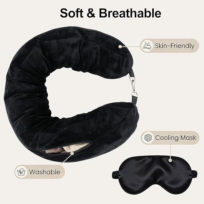 Stuffable Travel Neck Pillow with Light-Blocking Sleep Mask, Fillable Airplane Neck Pillow for Clothes, Soft Velvet Neck Support with Strap