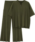KIRUNDO Womens 2 Piece Matching Lounge Set Airport Travel Vacation Summer Outfits Oversized Short Sleeve Tops Wide Leg Pants