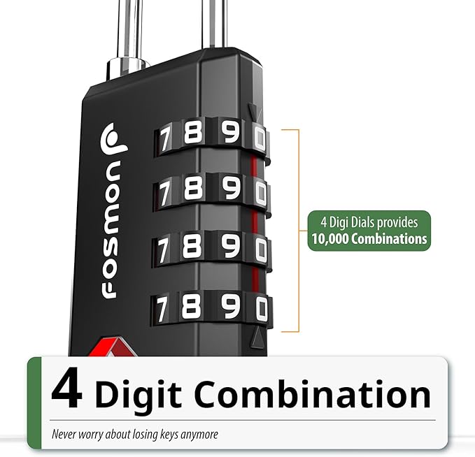 Fosmon TSA Approved Locks for Luggage, Suitcase, Heavy Duty Gun Safe Lock for Gun Case, 4 Digit Shackle Combination Padlock for Travel, Backpack Zipper Anti Theft, Gym Locker, Pistol, Handgun- 3 Pack