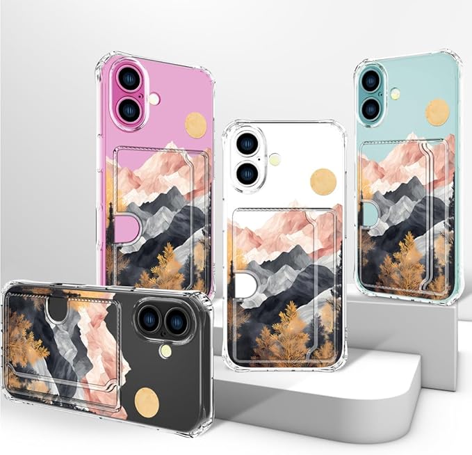 Compatible with iPhone 16 Plus Case Card Holder for Women Cute Design,Wallet Phone Cases Transparent Cool Kawaii Protective (Clear Mountain Hill Landscape)