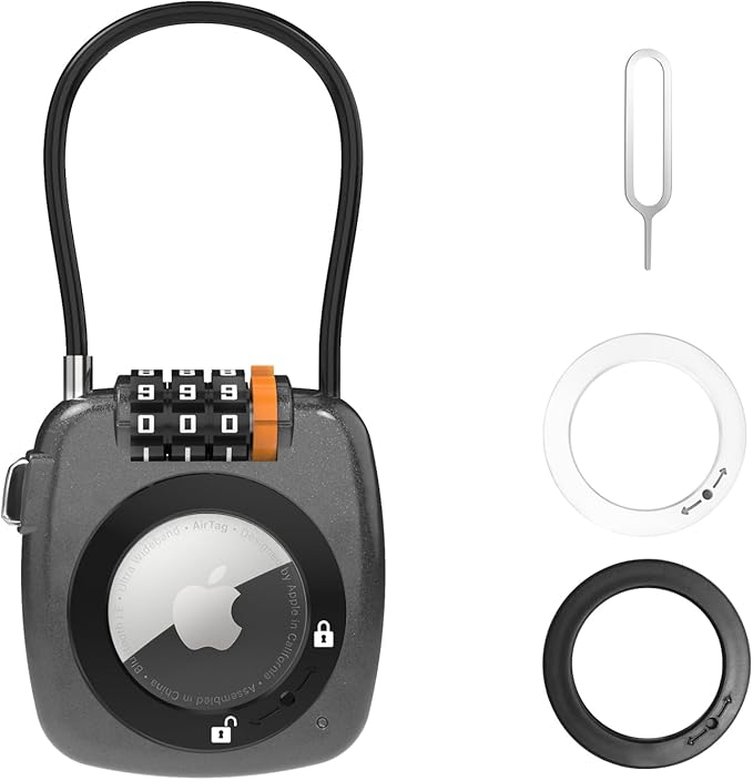 Airtag Keychain Holder with 3 Digit Combination Lock for Luggage, Suitcase, Backpack, Lockers, Travel Luggage Locks, Resettable Cable Lock with Zinc Alloy Body (Gray)