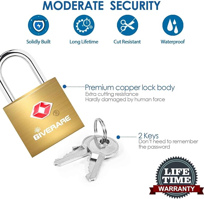 4 Pack TSA Approved Travel Luggage Locks with Keys, Solid Brass Copper Keyed Padlock, Small Locks for Suitcase, Backpack, Gym Locker, Jewelry Box, Gold-by GIVERARE