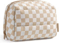 BAGSMART Makeup Bag, Wide Opening Cosmetic Bag Compact & Spacious, Water-Resistant Travel Organizer Pouches for Women (Khaki Checkered)
