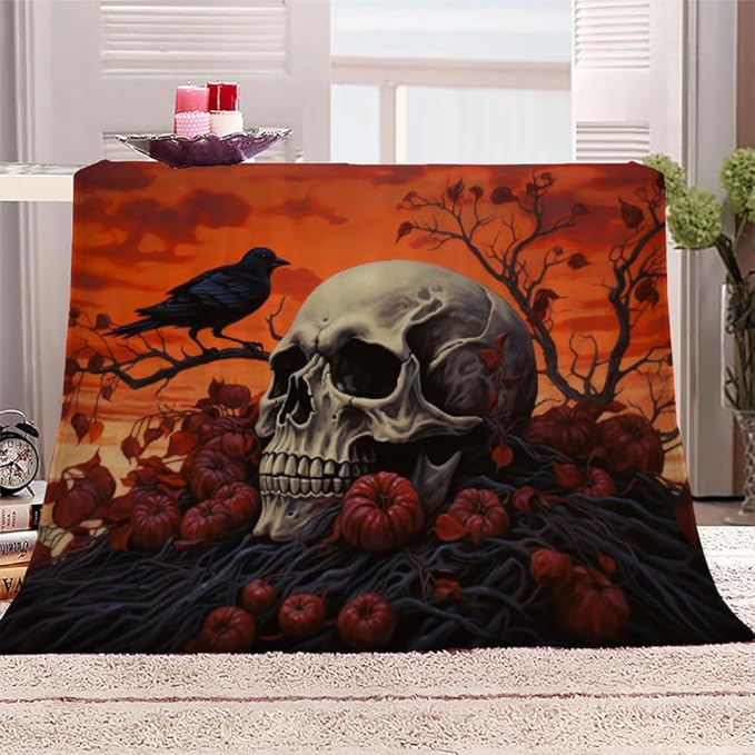 3D Sugar Skull Blanket Twin Size, Skeleton Bones Fleece Blanket for Couch Bed Sofa, Red Flowers Blankets and Throws, Gothic Skull Super Soft Cozy Plush Flannel Blanket 60x80, Decor & Gift