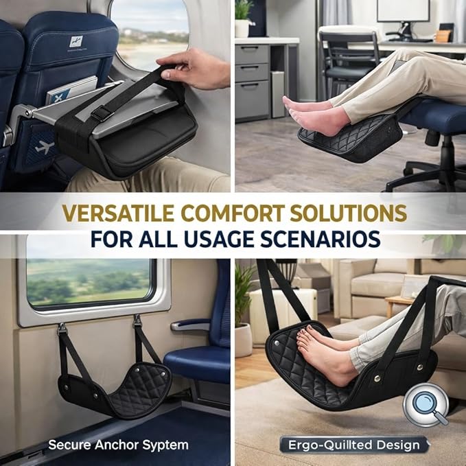 Portable Airplane Footrest Hammock for Travel – Adjustable Foot Rest for Plane Seat, Lightweight Leg Support for Flights, Train, Office & Car, Travel Accessory for Men and Women