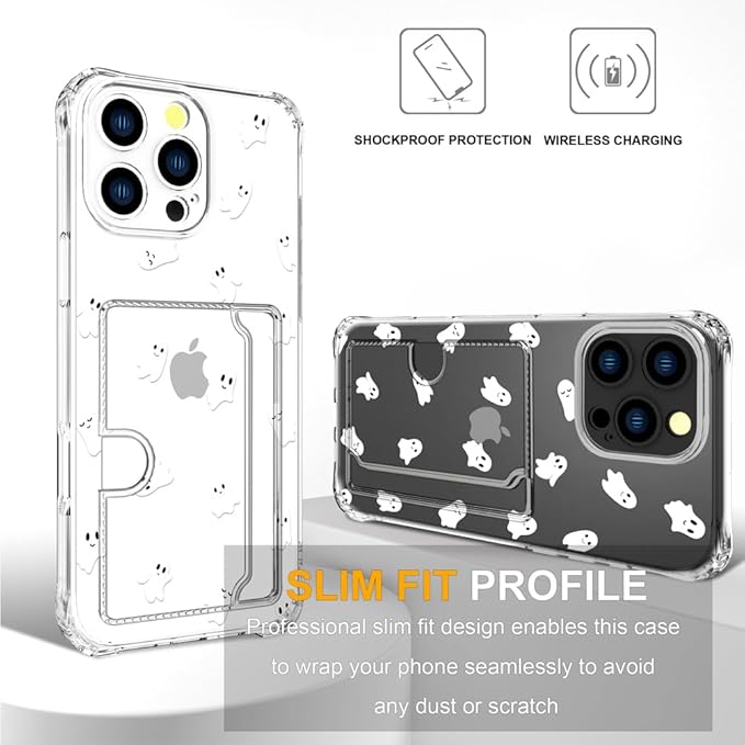 Compatible with iPhone 16 Pro Max Case Card Holder for Women Cute Design,Wallet Phone Cases Transparent Cool Kawaii Protective (Clear Ghosts Halloween Hallowmas)