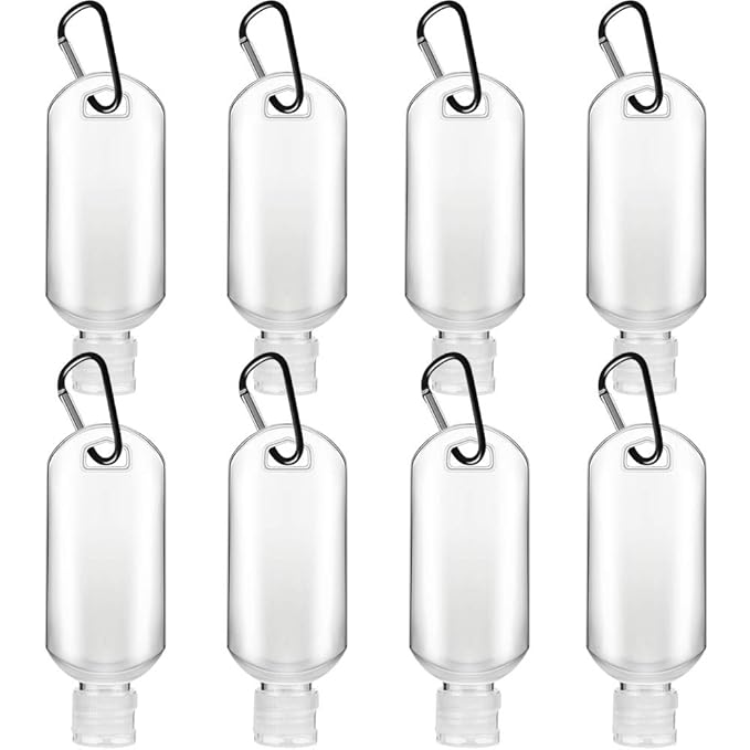 8 Pcs Travel Size Bottles with Keychain Hand Sanitizer Holder, 2 oz Portable Plastic Small Empty Bottles Leakproof Refillable Squeeze Containers for Backpack