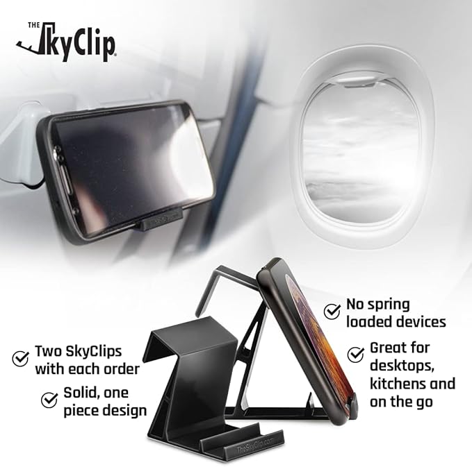 The SkyClip Airplane Cell Phone Back of Seat Inflight Tray Table Clip and Sturdy Phone Stand, Compatible with iPhone, Android, Tablets, and Readers, Travel Must Have (Black 2 Pack)