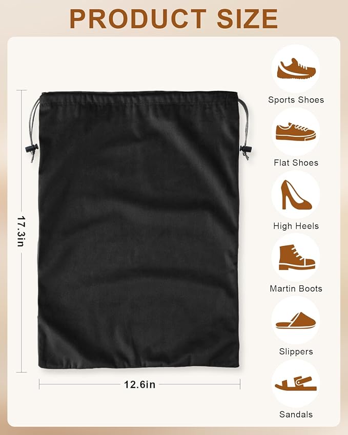 FantasyLife Shoe Bags for Travel, Washable Dust Bags for Storage & Packing, Flannel Shoe Pouch with Drawstring Closure for Purses, Handbags, Shoes & Toys (4, Black Beauty, 17.3"x12.6")
