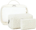 Bluboon 3Pcs Makeup Toiletry Bag for Women, Clear Packing Cubes Cosmetic Bag for Travel Women With Zipper Travel Essentials (Beige Lamb Wool)