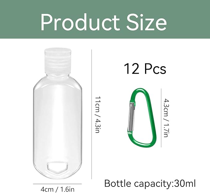 12 Pcs Travel Bottles with Keychain 30ml/1oz Portable Leakproof Squeeze Small Bottles With Flip Cap Refillable Empty Containers for Hand Sanitizer Shampoo Conditioner Toiletry