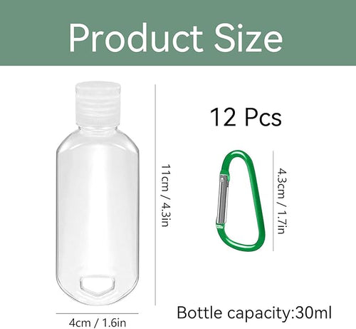 12 Pcs Travel Bottles with Keychain 30ml/1oz Portable Leakproof Squeeze Small Bottles With Flip Cap Refillable Empty Containers for Hand Sanitizer Shampoo Conditioner Toiletry