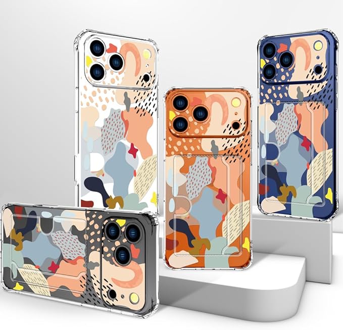 Compatible with iPhone 17 Pro Case Card Holder for Women Cute Design,Wallet Phone Cases Transparent Cool Kawaii Protective (Clear Abstract Art)