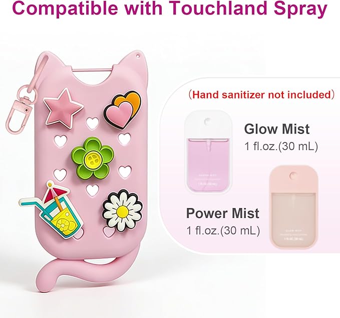 Cat Silicone Case with Keychain & Charms for Touchland Hand Sanitizer Spray, Protective Holder Compatible with Power Mist & Glow Mist 1 FL Oz/30ML