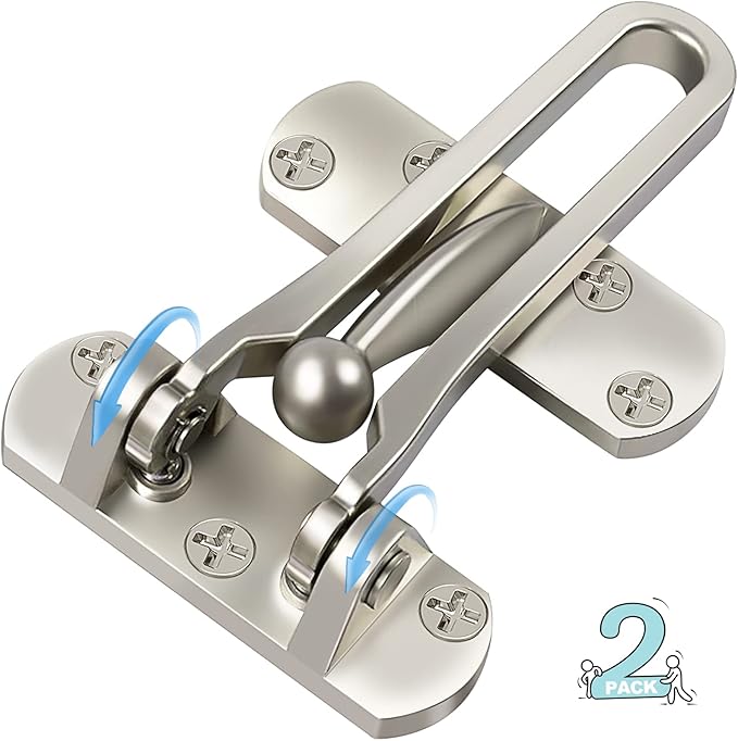 Door Lock Latch for Home Security - 2 Swing Bar Door Guard for Front and Inside Door, Safety Childproof Reinforcement Door Stopper for Kids Home Hotel Apartment, Thicken Aluminium Alloy Satin Nickel