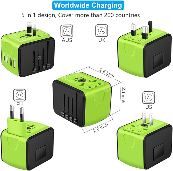 SAUNORCH Travel Adapter Worldwide, Universal International Power Plug Adapter W/2.4A 2xUSB-A and 3.0A 2xType-C Wall Charger, European Travel Plug Adapter for Europe UK EU US CA AU Italy Asia-Green