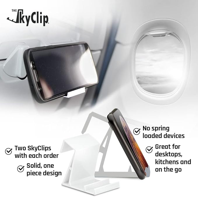 SkyClip Airplane Cell Phone Back of Seat Inflight Tray Table Clip and Sturdy Phone Stand, Compatible with iPhone, Android, Tablets, and Readers, Travel Must Have, White 2 Pack