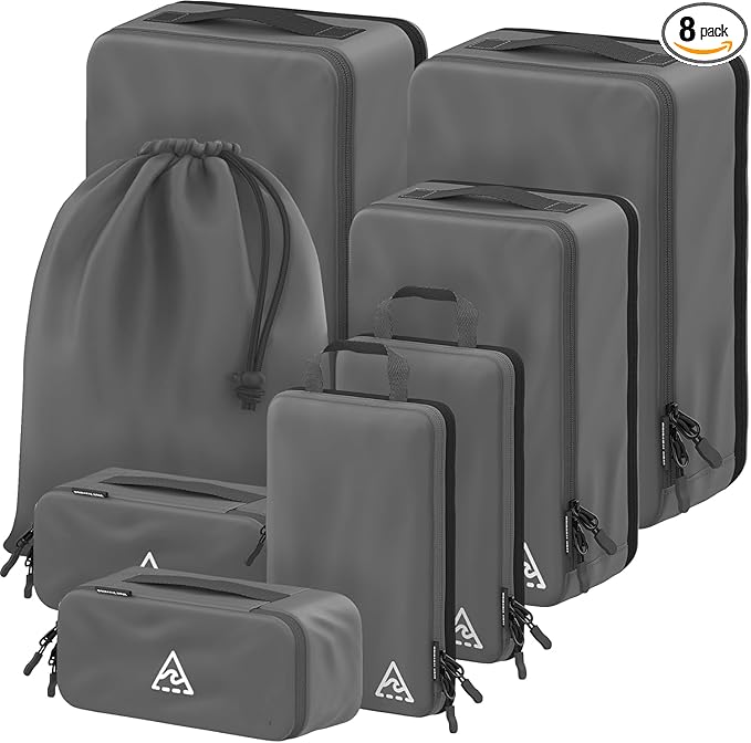 Well Traveled 8 pcs Compression Packing Bags Cubes Set with HybridMax Double-Capacity Design - Packing Cubes for Travel Compression to Maximize Limited Luggage Space, Grey