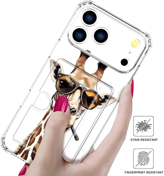 Compatible with iPhone 17 Pro Max Case Card Holder for Women Cute Design,Wallet Phone Cases Transparent Cool Kawaii Protective (Clear Giraffe Smoking Animal)