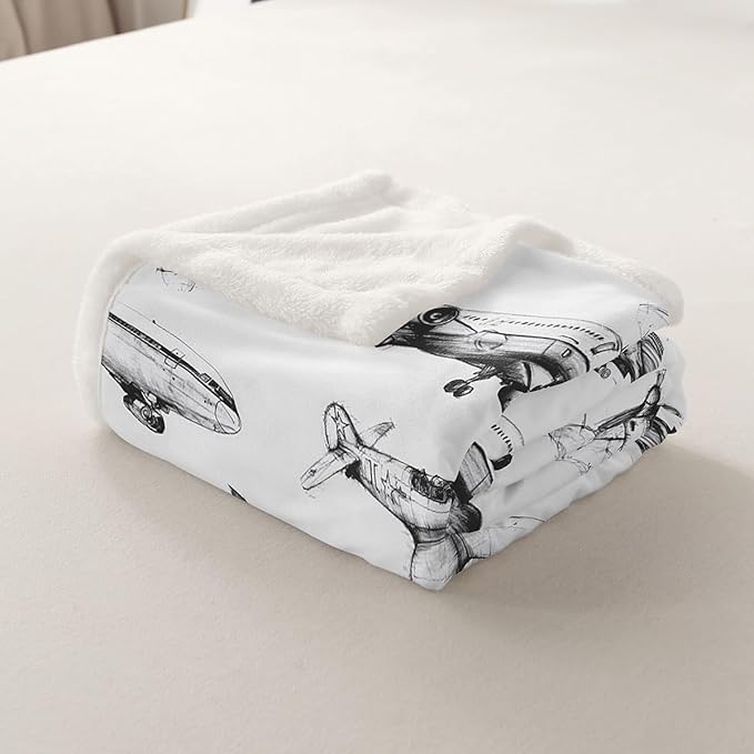 Airplane Kids Throw Blanket,American Aircraft Retro Bed Blanket for Girls Boys Adults,Air Vehicles Airplane Fleece Blanket,Black White Chic Fuzzy Blanket,40 x 50 Inches