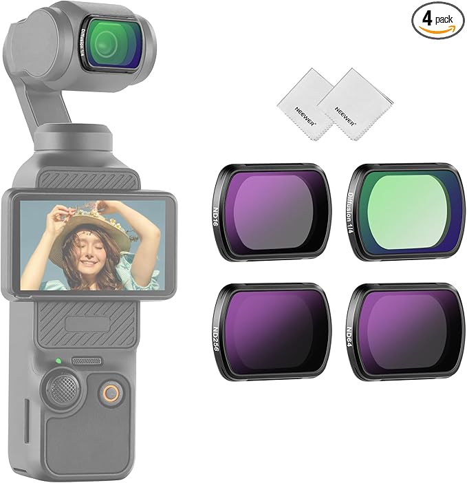 NEEWER Magnetic ND Filter Set Compatible with DJI Osmo Pocket4 Pocket 3 Creator Combo Accessories, 4 Pack Multicoated HD ND16/ND64/ND256/Black Diffusion 1/4 Action Camera Filter + 2X Cleaning Cloth