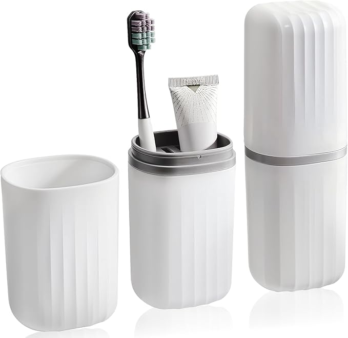 Xthrotsenk Toothbrush Travel Case 2 in 1 Traveling Toothbrush Holders Travel Toothbrushes Container Tooth Brush Case Portable Tooth Brush Holder for Camping, Business, Home (White)