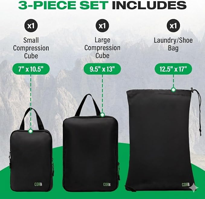 Compression Packing Cubes Travel Organizers plus Laundry or Shoe Bag with YKK Zippers (Black, 3 Piece)
