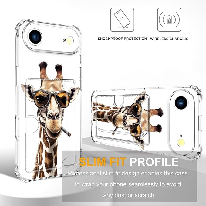 Compatible with iPhone 17 Air Case Card Holder for Women Cute Design,Wallet Phone Cases Transparent Cool Kawaii Protective (Clear Giraffe Smoking Animal)
