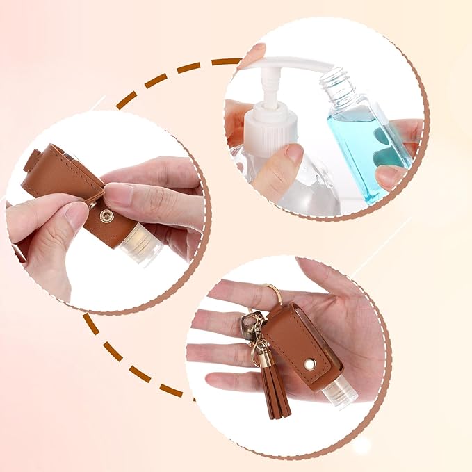 Grevosea 2Pcs Hand Sanitizer Holder, 30ml Portable Leather Hand Sanitizer Travel Size Keychain Empty Squeeze Bottles Refillable Container for Toiletry Lotion Liquid Soap Shampoo (Black+Brown)
