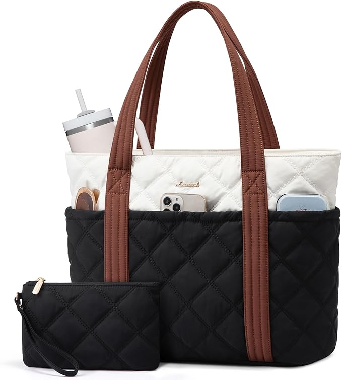LOVEVOOK Puffer Tote Bag for Women, Puffy Work Handbag with Cup Holder, Travel Carry On Bag with Zipper for Teacher Nurse Gym