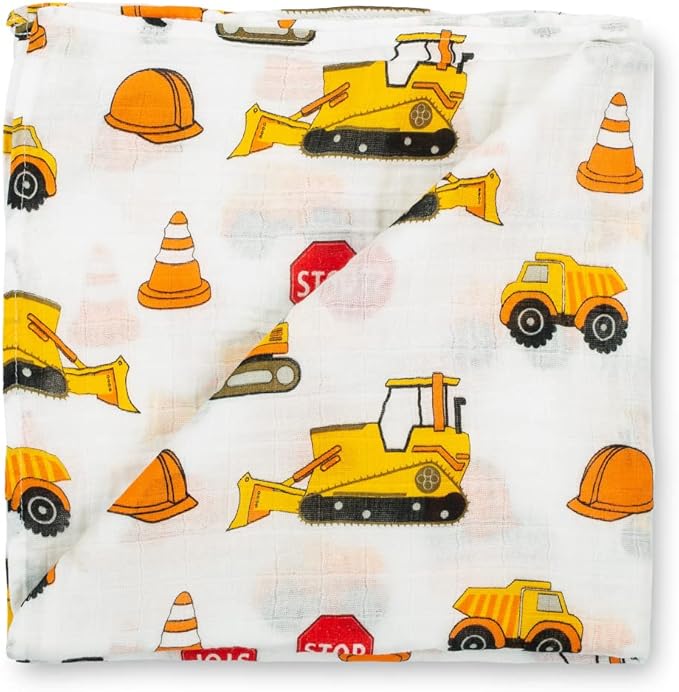 LollyBanks Muslin Swaddle Blanket, 100% Muslin Cotton Baby Blankets for Boys, 47 X 47 Inches Newborn Receiving Blanket, Swaddles for Newborns Baby Boy, Registry (Fun Construction Theme Print)