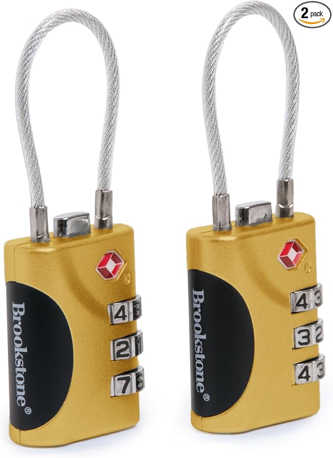 Brookstone Cable Lock - 2 Pack TSA-Approved 3-Digit Keyless Luggage Travel Lock - Resettable Combination Wire Padlock, Lemon Yellow