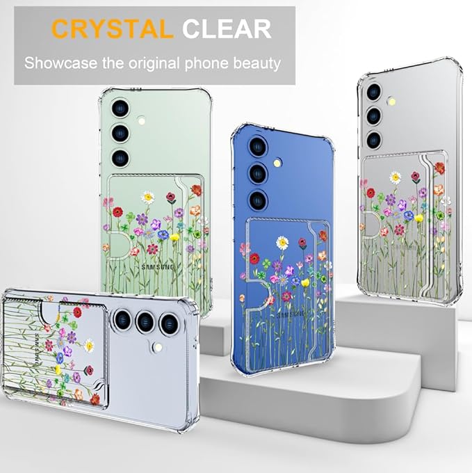 Compatible with Samsung Galaxy S24 / S25 Case Card Holder for Women Cute Design,Wallet Phone Cases Transparent Cool Kawaii Protective (Clear Flower Floral Bouquet)