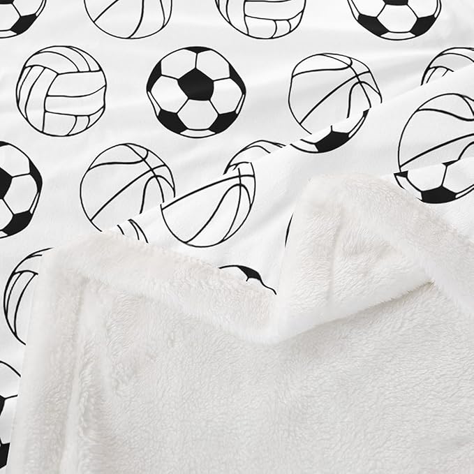 Cartoon Ball Kids Throw Blanket,Basketball Football Volleyball Bed Blanket for Girls Boys Adults,Ball Sports Games Fleece Blanket,Black White Fashion Fuzzy Blanket,40 x 50 Inches