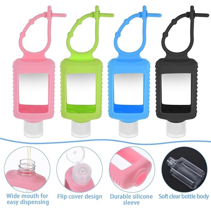 4 Pack Travel Bottles, Hand Sanitizer Holder Empty Travel Size 2oz/60ml Leakproof Refillable Containers Portable Keychain Bottles with Detachable Silicone Case