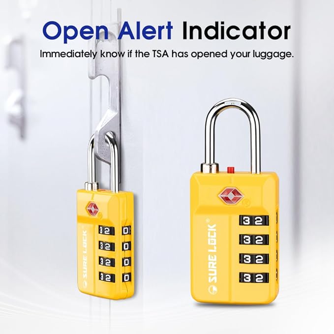 SURE LOCK TSA Approved 4-Digit Resettable Combination Luggage Lock with Open Alert, Easy-Read Dials - for Luggage, School Lockers, Gym, Office, Toolbox & Security Cases(Yellow 1PACK)