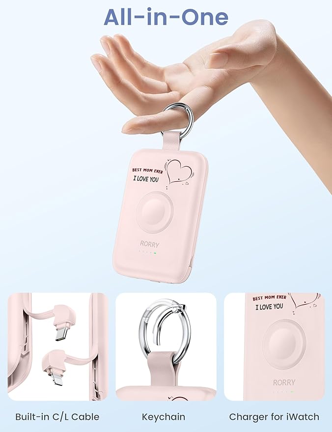 RORRY Portable Charger, 10000mAh PD 20W Fast Charging Portable Charger Power Bank with Built in Cables, Travel Battery Pack for iPhone and Apple Watch Ultra/11/10/9/8/7/6/5, Mom-Pink
