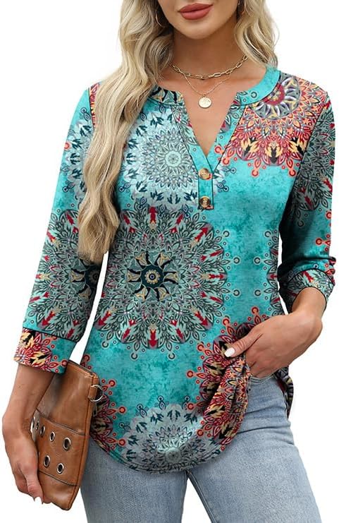 OFEEFAN Womens Tops 3/4 Sleeve Henley Shirts for Women Summer Outfits Fashion Clothing