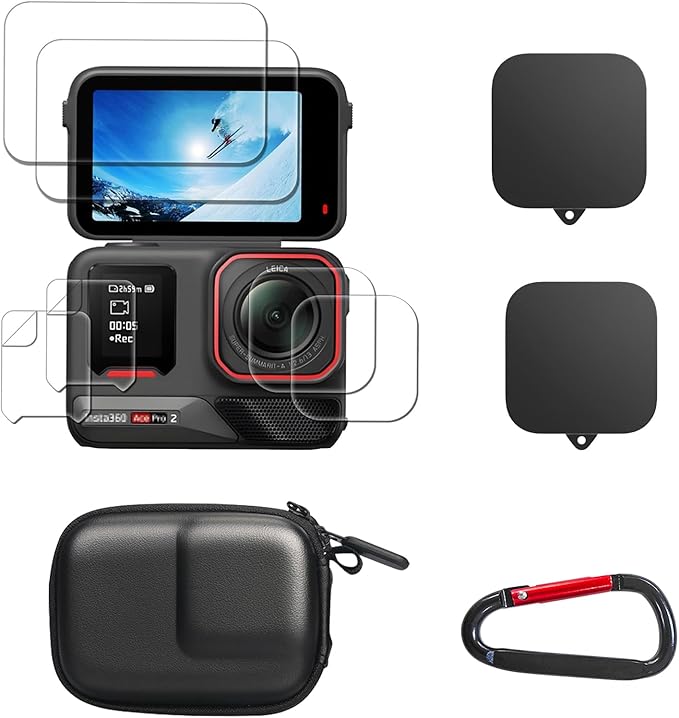 for Insta 360 Ace Pro 2 Accessories, PU Portable Mini Carrying Bag Case, Lens Screen Protectors (6 Pack) Compatible with Insta360 Ace Pro 2, Rubber Lens Cap Cover for Insta 360 Action Camera