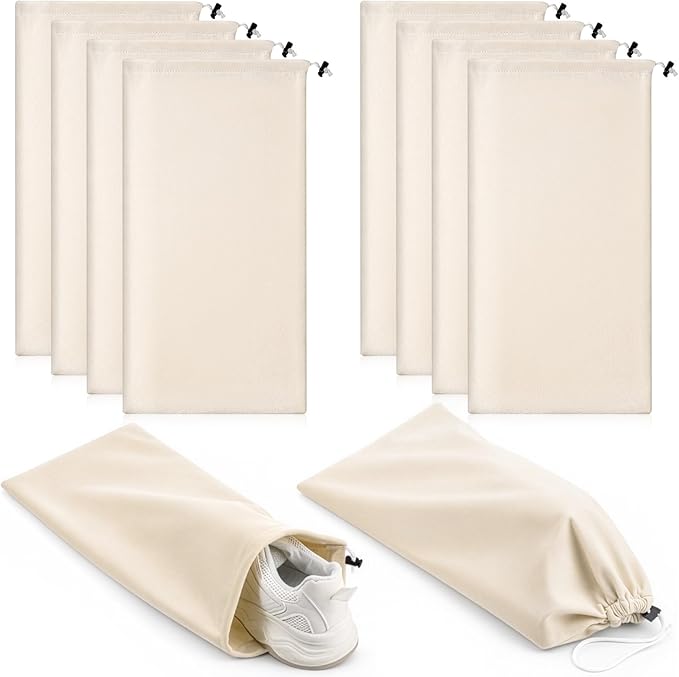 8 PCS Single Shoe Bags for Traveling, 9.1×17.7 Inch Travel Shoe Bags for Packing in Suitcase Velvet with Drawstring Shoes Storage Bag Dust-Proof for Women and Men, Travel and Home Storage-Beige