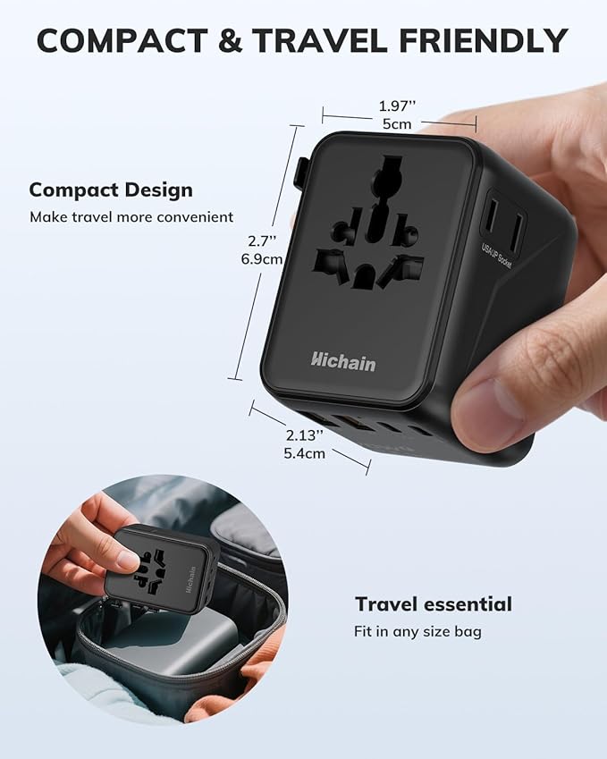 Hichain 70W GaN Universal Travel Adapter, European Travel Plug Adapter 2 USB-A & 2 USB-C Fast Charging Travel Adapter All-in-one International Power Adapter for USA EU UK AUS Travel Essentials Black