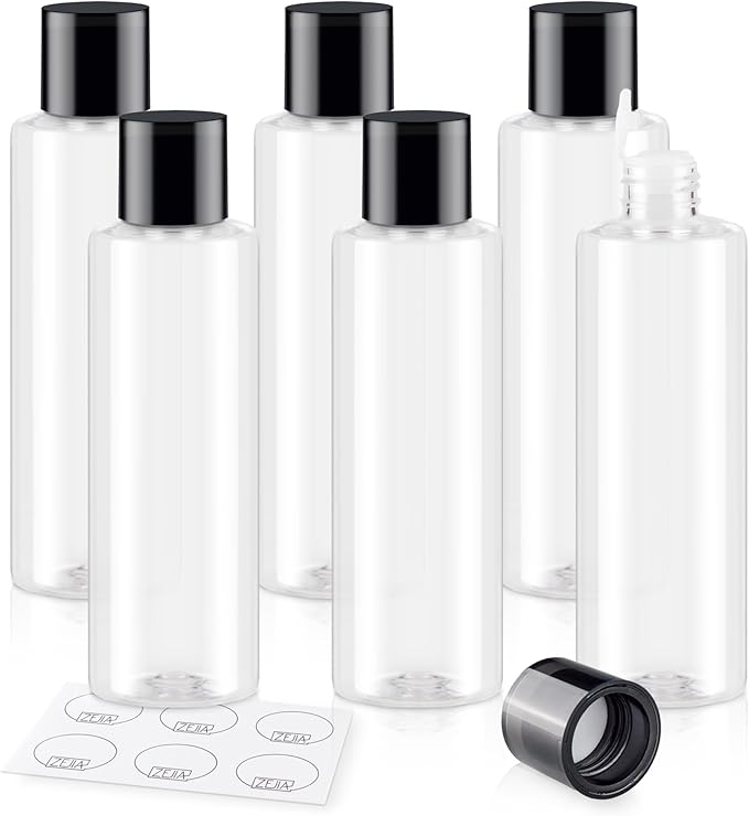 ZEJIA Clear 200ML/6.8OZ Travel Size Toiletries, 6 Pack Plastic Travel Bottles, Double Leak Proof Travel Size Containers for Shampoo, Lotion, Body Wash, Refillable Empty Travel Bottles with 6pcs Labels