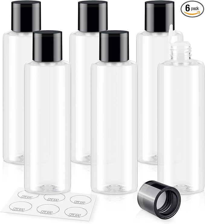 ZEJIA Clear 200ML/6.8OZ Travel Size Toiletries, 6 Pack Plastic Travel Bottles, Double Leak Proof Travel Size Containers for Shampoo, Lotion, Body Wash, Refillable Empty Travel Bottles with 6pcs Labels
